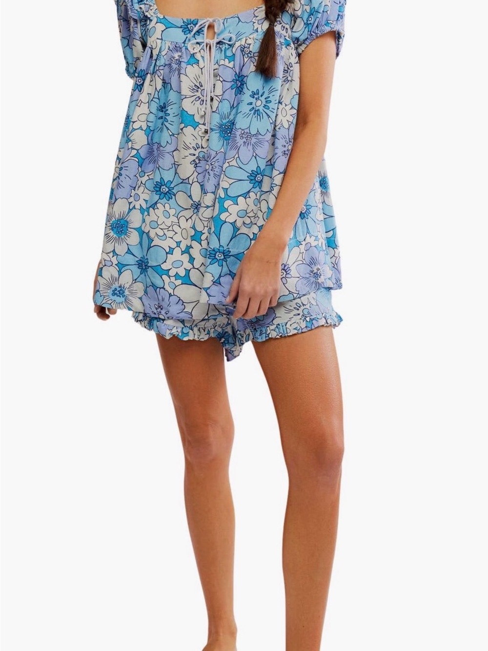 Free People Blue Floral Peasant Top and Shorts Set